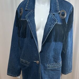 Vintage Denim Jacket with Black Fringe and silver Stud embellishments